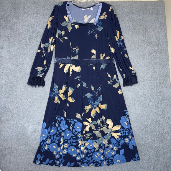 Susan Graver Floral Dress Long Sleeve Velvet Trim Midi Blue LP Large Petite - Picture 1 of 9